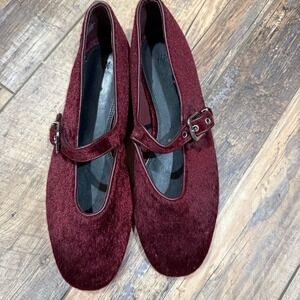 HM Womens Burgundy Faux Fur Mary Jane Flats Buckle Strap Shoes Size 40 US 9